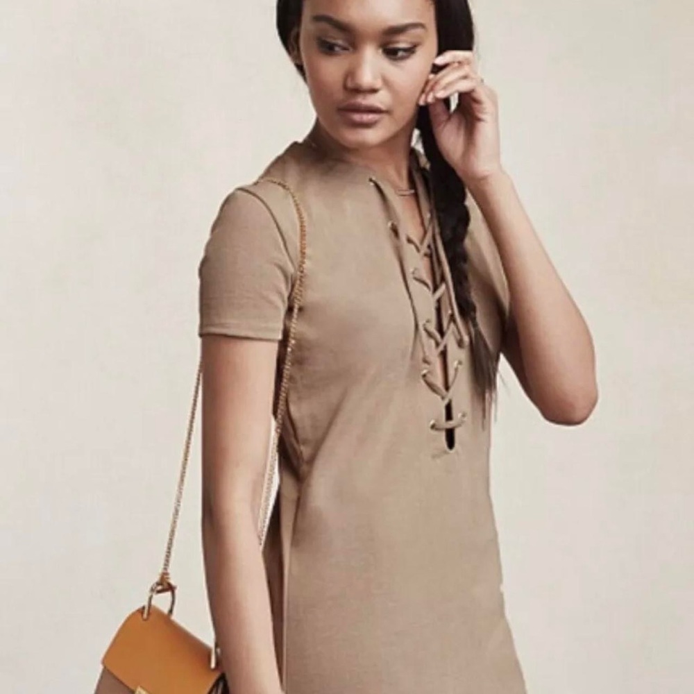 Reformation Caroline Beige Lace Up Dress, XS
